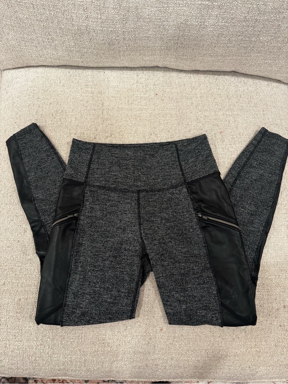 Athleta Women’s S Herringbone Moto Leggings Faux Leather Panels Zip Pockets